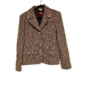 Olsen Europe Tweed Wool Jacket Snake Skin Collar Med Brown White Office Career